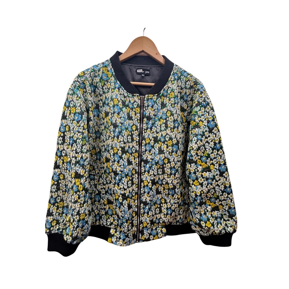 Sister Jane Designer Floral Quilted Bomber Jacket Womens M Metallic Jacquard